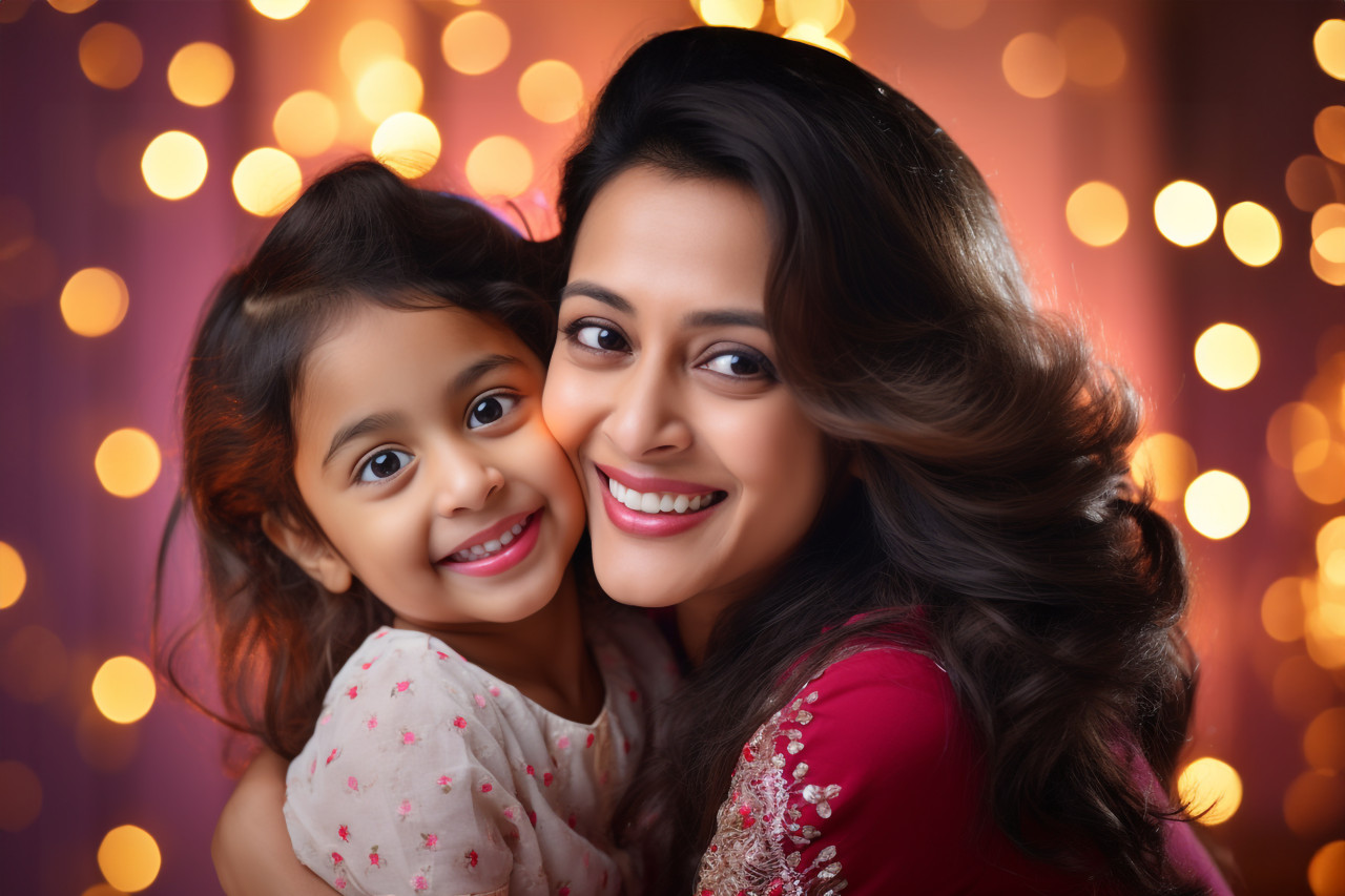 A photo of a happy and beautiful young indian mother and her cute daughter at home, lifestyle children indoors activitie
