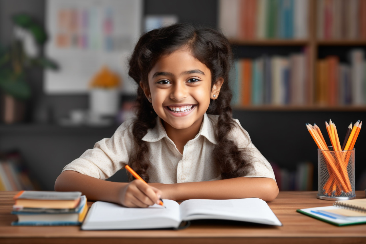 A photo of a happy cute and smart hispanic indian preteen schoolgirl studying at home she is sitting at a table and looking at the camera, lifestyle children indoors activitie