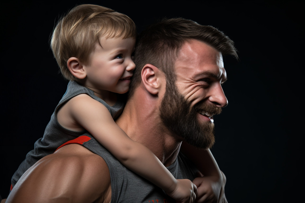 A photo of a young boy sitting on his fathers shoulders flexing his muscles, kids indoor activities