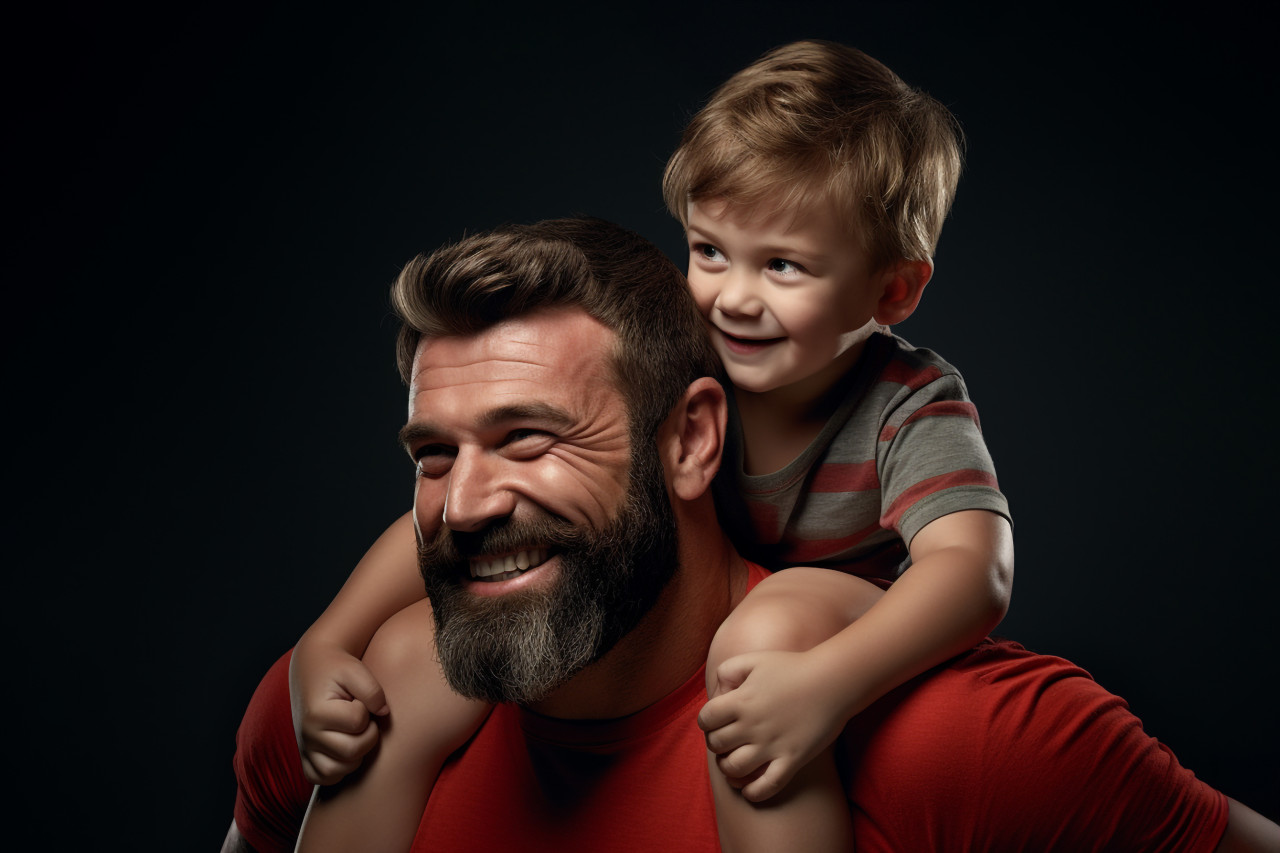 A photo of a young boy sitting on his fathers shoulders flexing his muscles, kids indoor activities