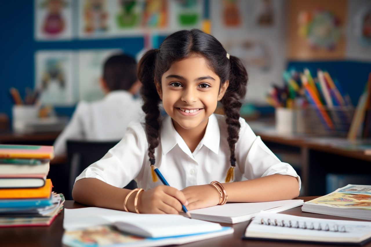 A photo of a happy cute and smart hispanic indian preteen schoolgirl studying at home she is sitting at a table and looking at the camera, lifestyle children indoors activitie