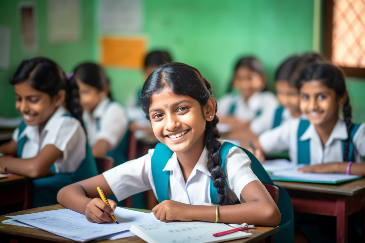 A photo of a happy indian elementary school girl sitting at a desk in a classroom writing in a notebook with a pencil she is taking a test which is part of her female education, lifestyle children indoors activitie