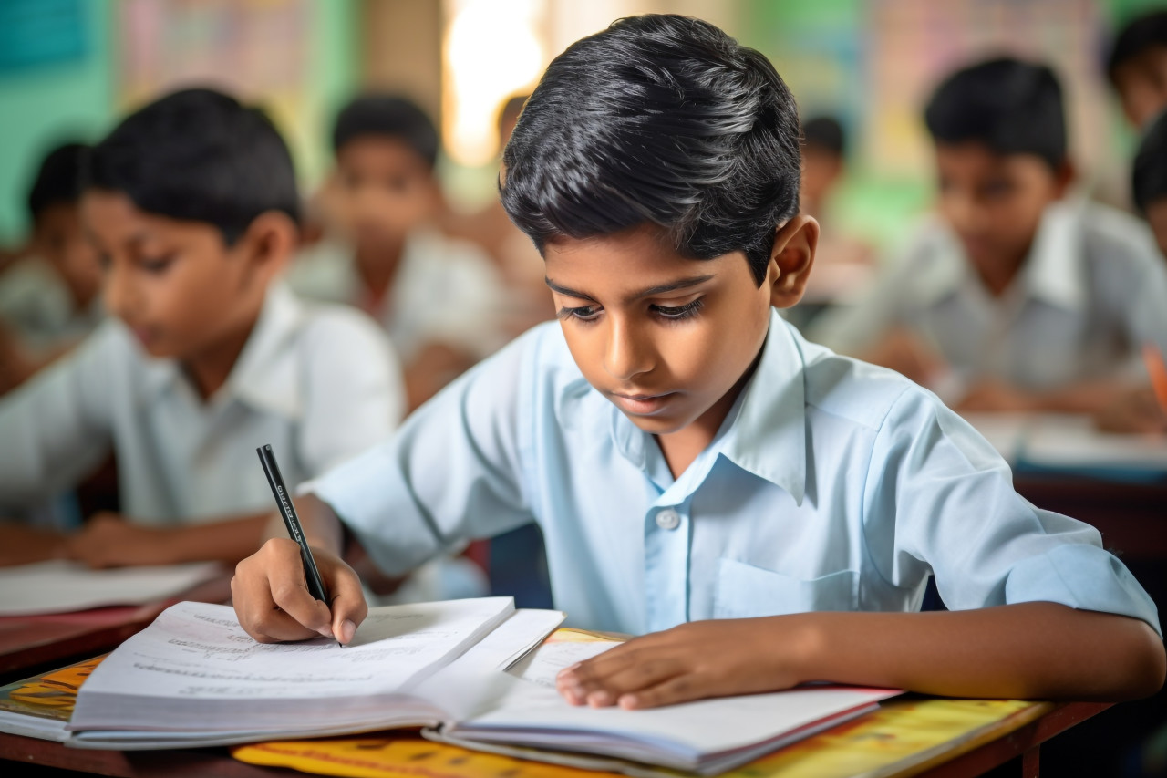A photo of a happy indian elementary school girl sitting at a desk in a classroom writing in a notebook with a pencil she is taking a test which is part of her female education, lifestyle children indoors activitie