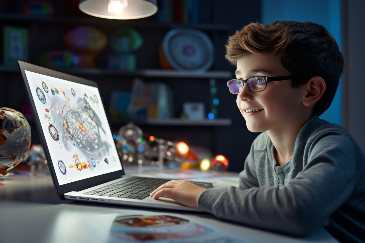 A photo of a child talking to their teacher during online class by showing them the problems they have solved on their computer, lifestyle children indoors activitie