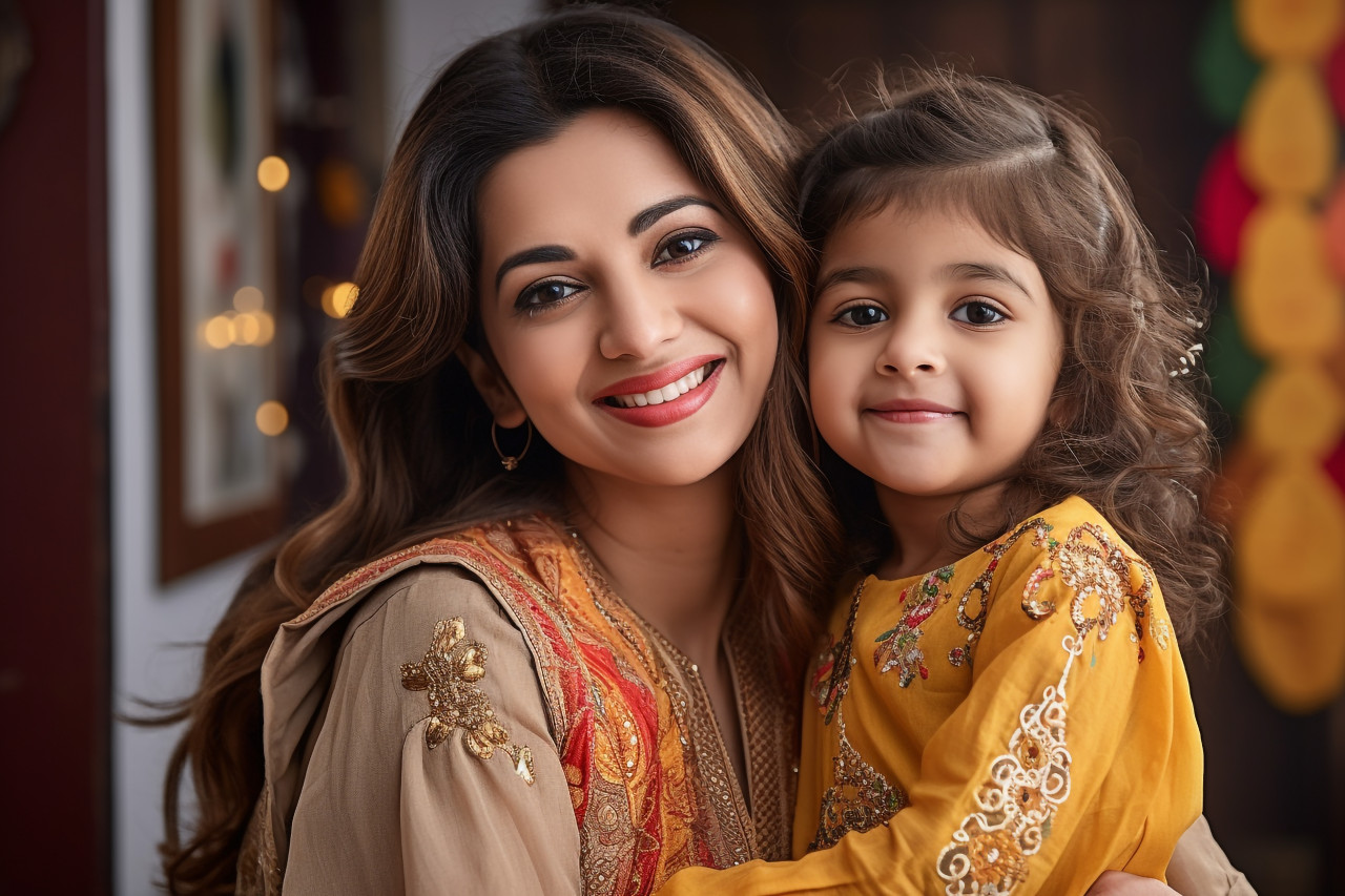 A photo of a happy and beautiful young indian mother and her cute daughter at home, lifestyle children indoors activitie