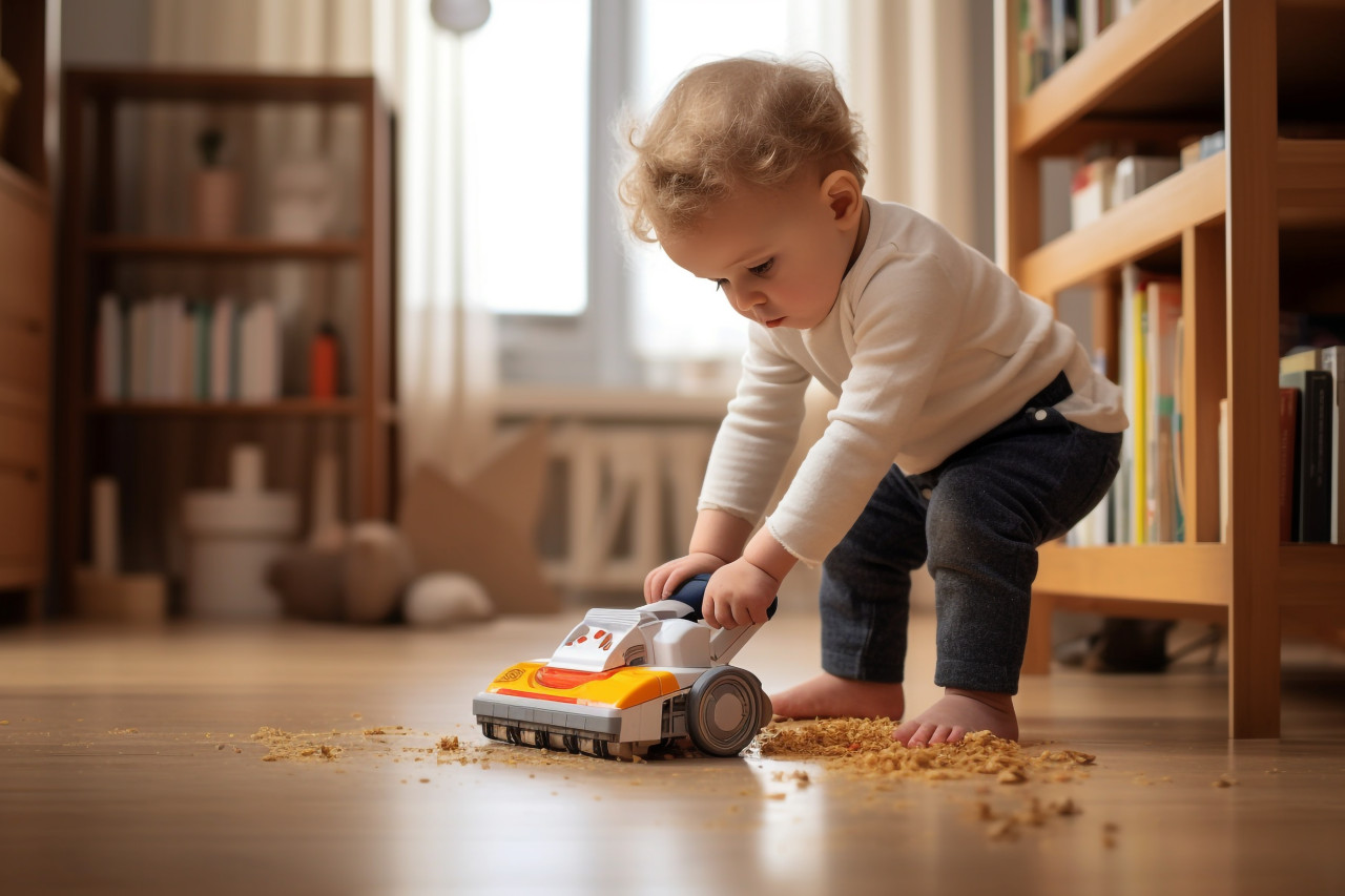 Picture of a child helping clean and learning to do things on their own, indoor activities for kids