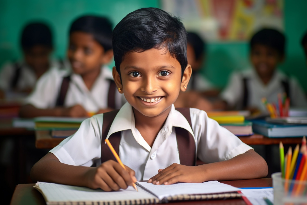 A picture of a happy indian school child at their desk in a classroom writing a test with a pen and notebook this shows the concept of elementary school education, indoor activities for kids