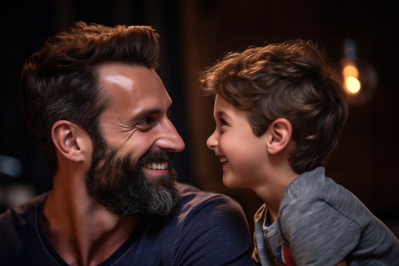 A picture of a handsome dad and his sweet son facing each other and smiling enjoying time at home, indoor activities for kids