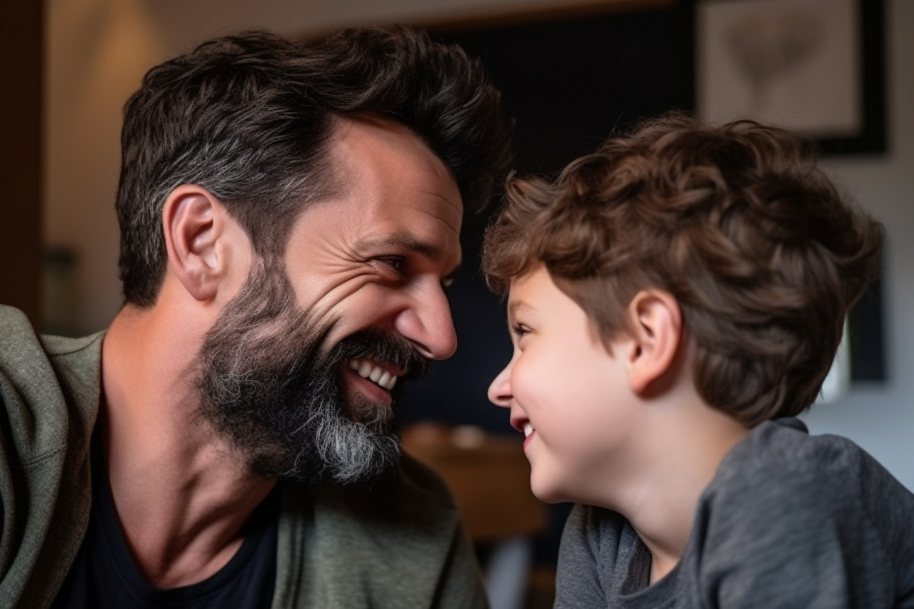 A picture of a handsome dad and his sweet son facing each other and smiling enjoying time at home, indoor activities for kids