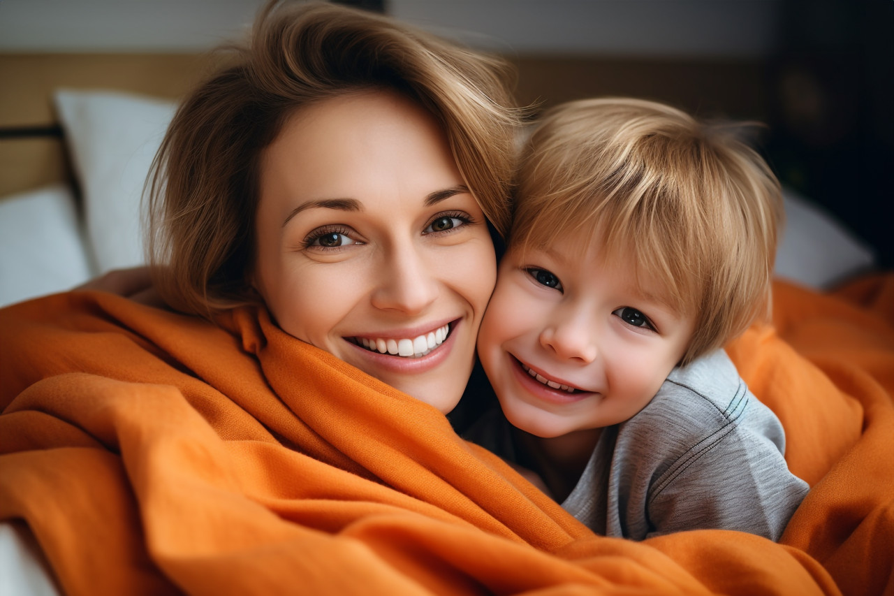 A picture of a mother and her son cuddling under an orange blanket on their bed at home, kids indoor activities