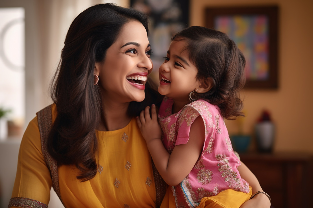 A picture of a happy indian mother and her daughter playing together at home, lifestyle children indoors activitie
