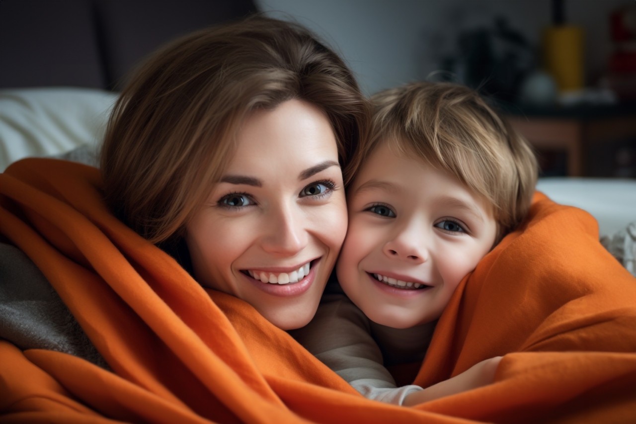A picture of a mother and her son cuddling under an orange blanket on their bed at home, kids indoor activities