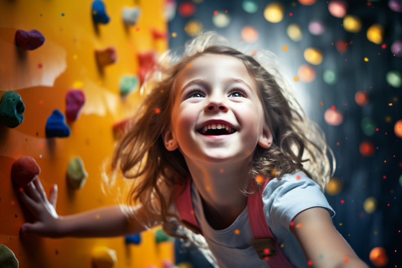 Picture of a happy girl climbing indoors, lifestyle children indoors activitie