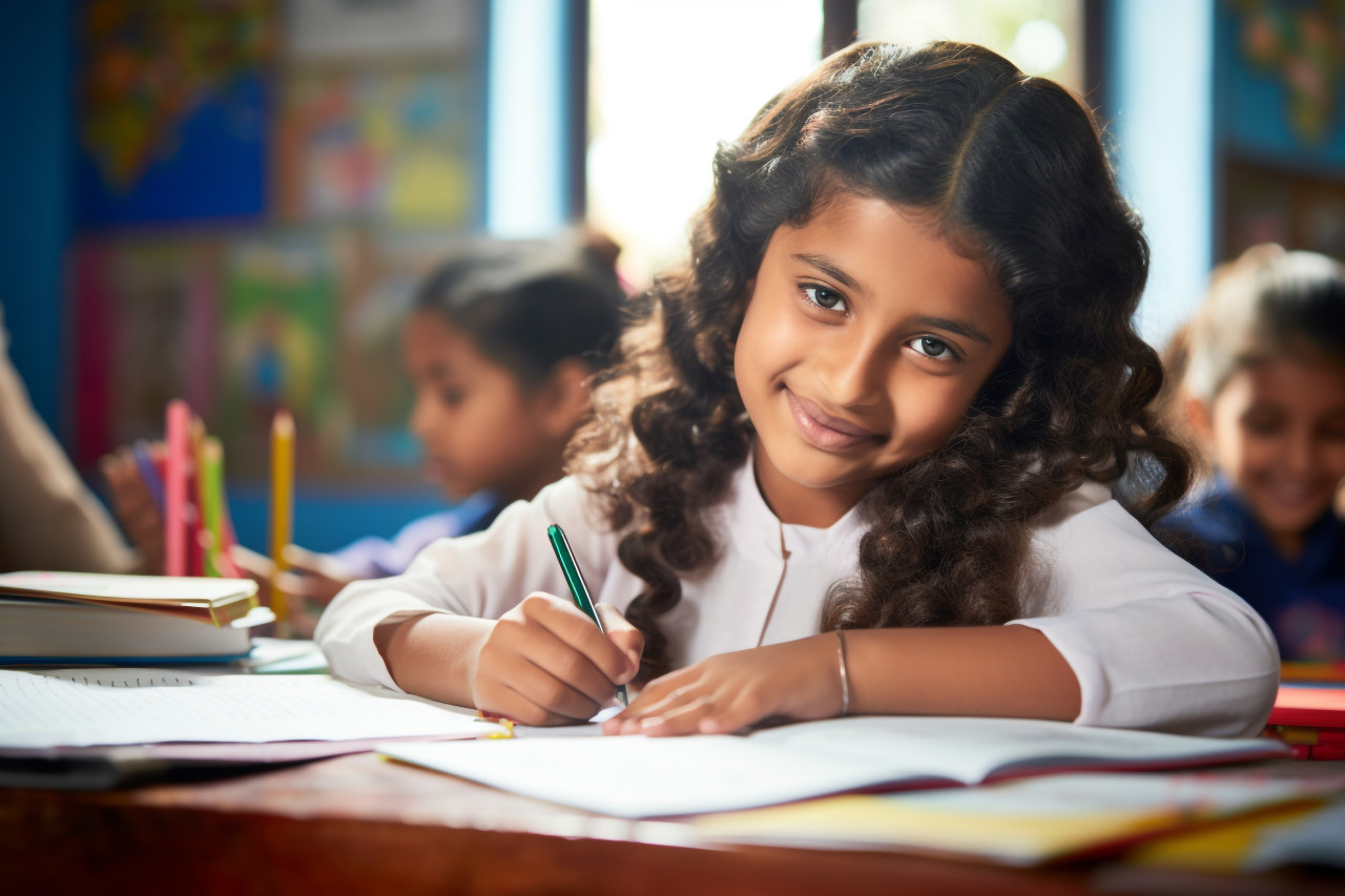 A photo of a young hispanic indian girl sitting at a school desk studying and doing homewor, kids indoor activities