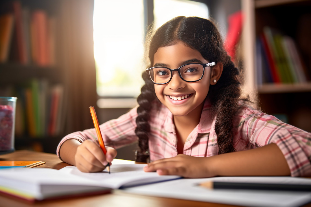 A photo of a young hispanic indian girl sitting at a school desk studying and doing homewor, kids indoor activities