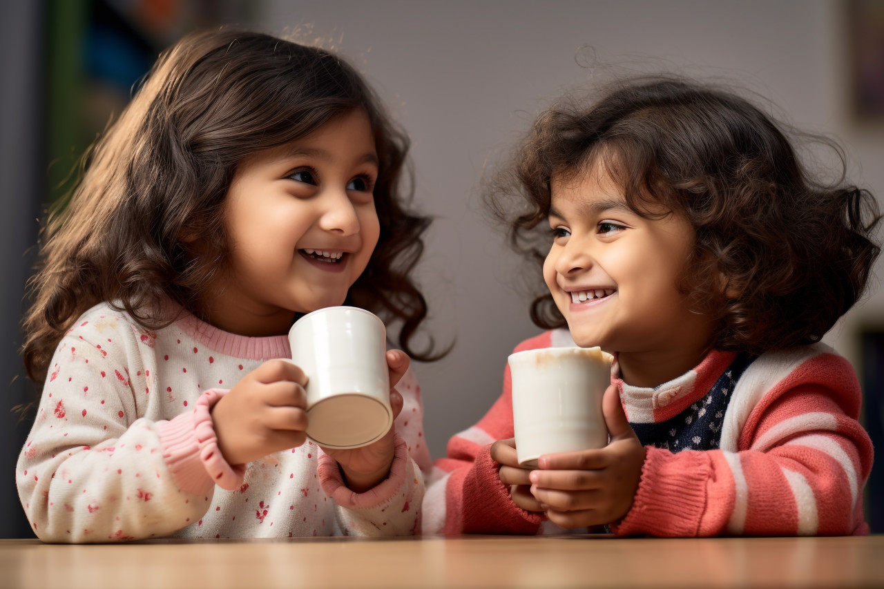 A photo of a happy indian mother and her cute little daughter drinking milk together to stay healthy, lifestyle children indoors activitie