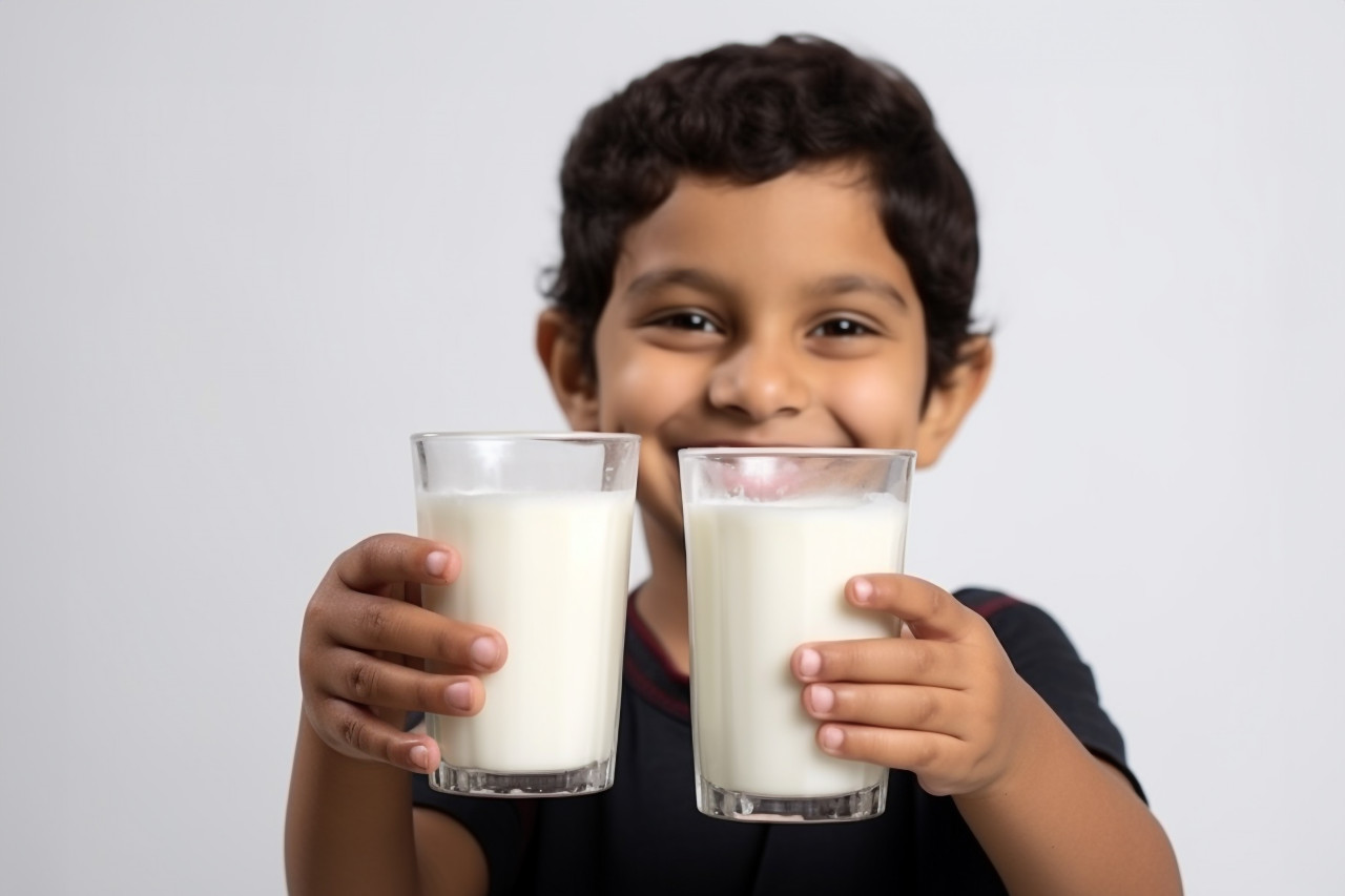 A picture of two young indian children either siblings or friends holding or drinking a glass of milk in front of a white background, indoor activities for kids