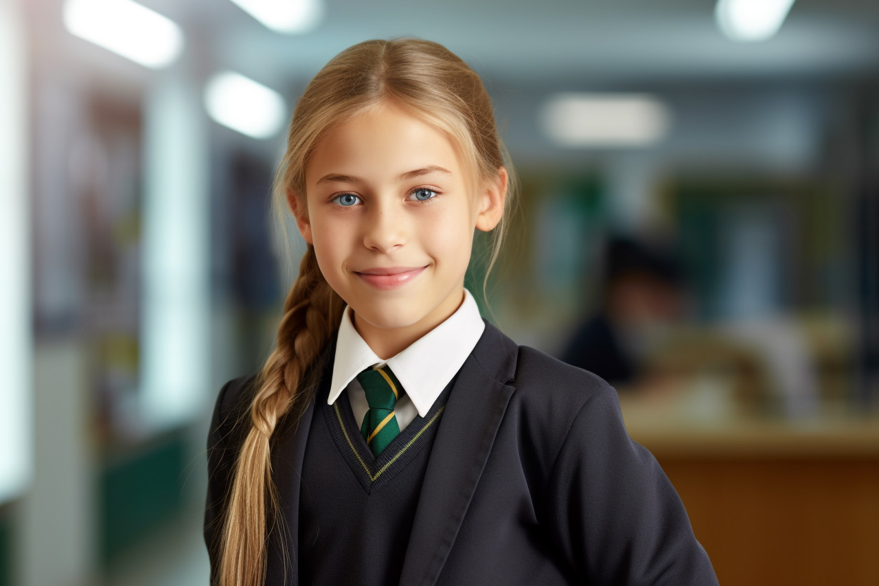 Picture of a smiling school girl standing in her school, indoor activities for kids