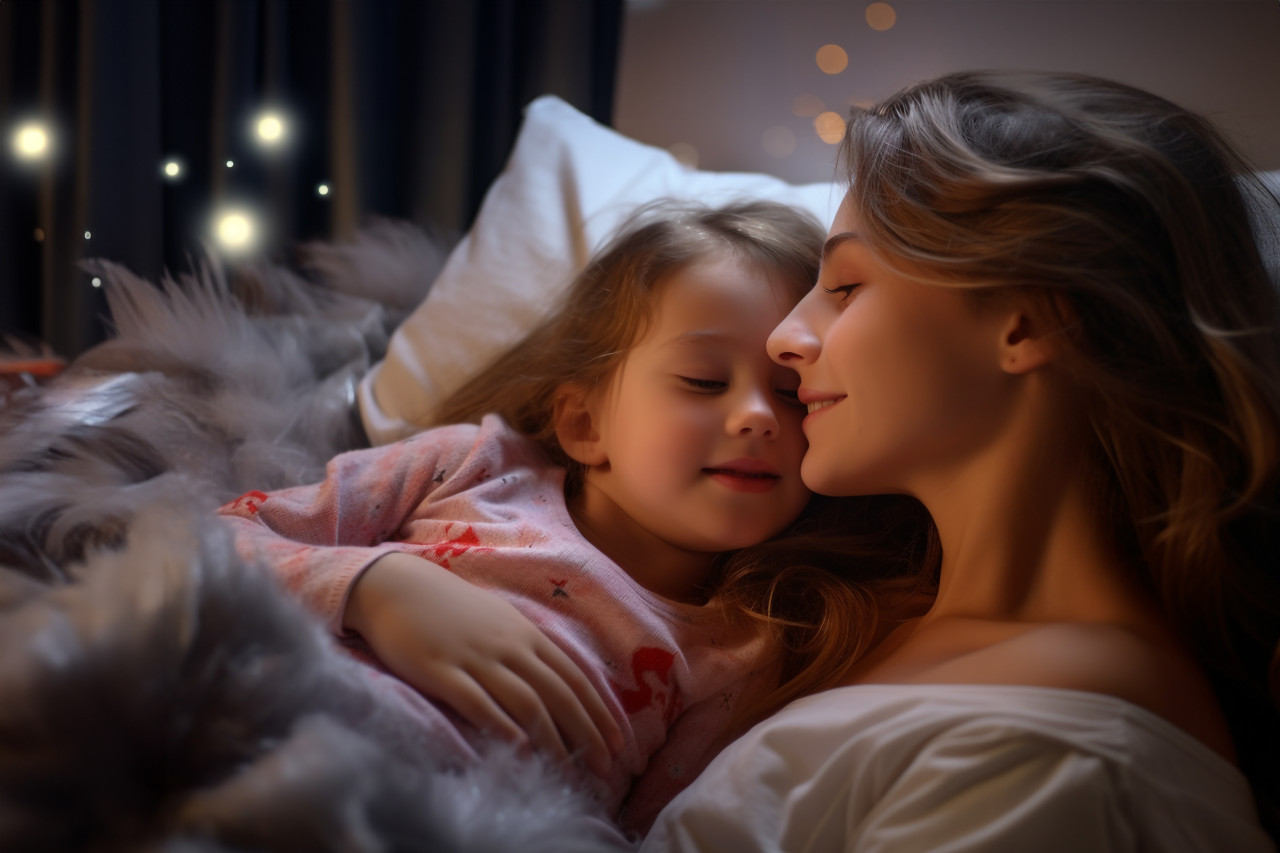 A picture of a mother tucking in her daughter and giving her a goodnight kiss, kids indoor activities