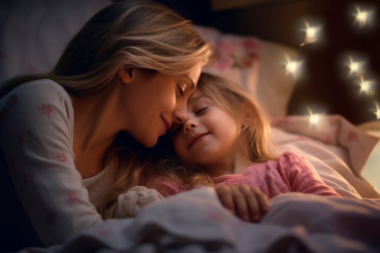 A picture of a mother tucking in her daughter and giving her a goodnight kiss, kids indoor activities
