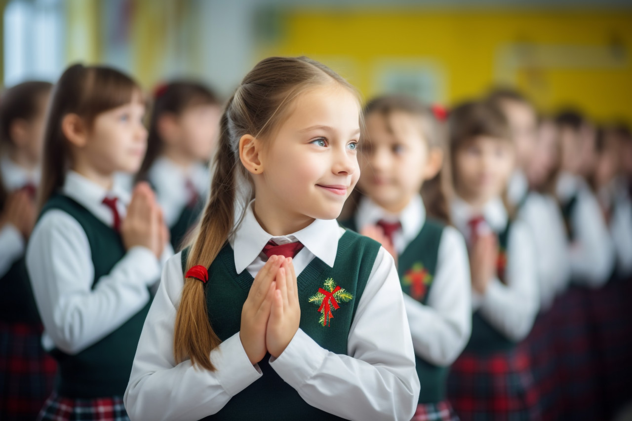 A photo of a young school girl in uniform clapping or applauding in a classroom, indoor activities for kids