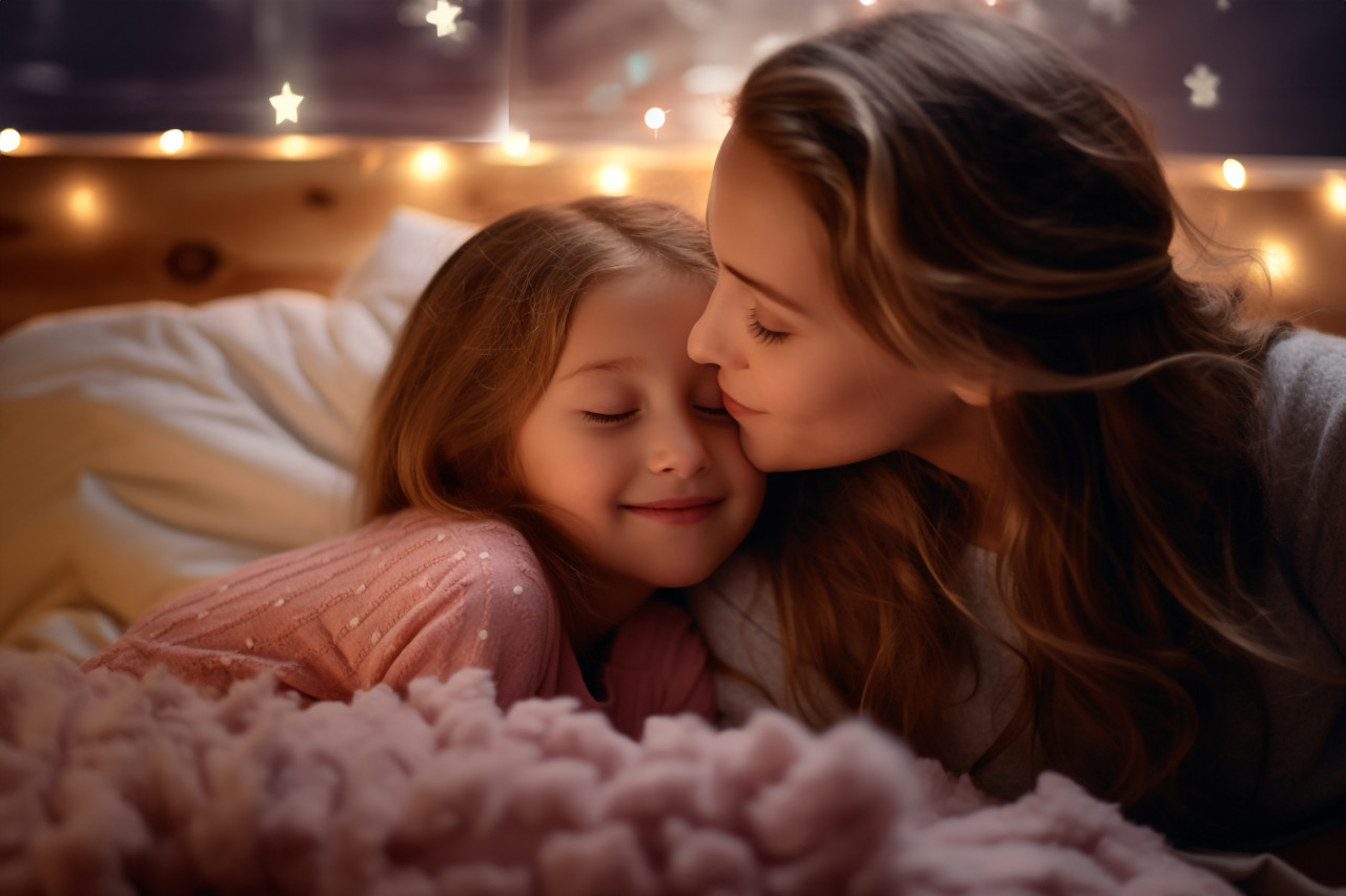 A picture of a mother tucking in her daughter and giving her a goodnight kiss, kids indoor activities