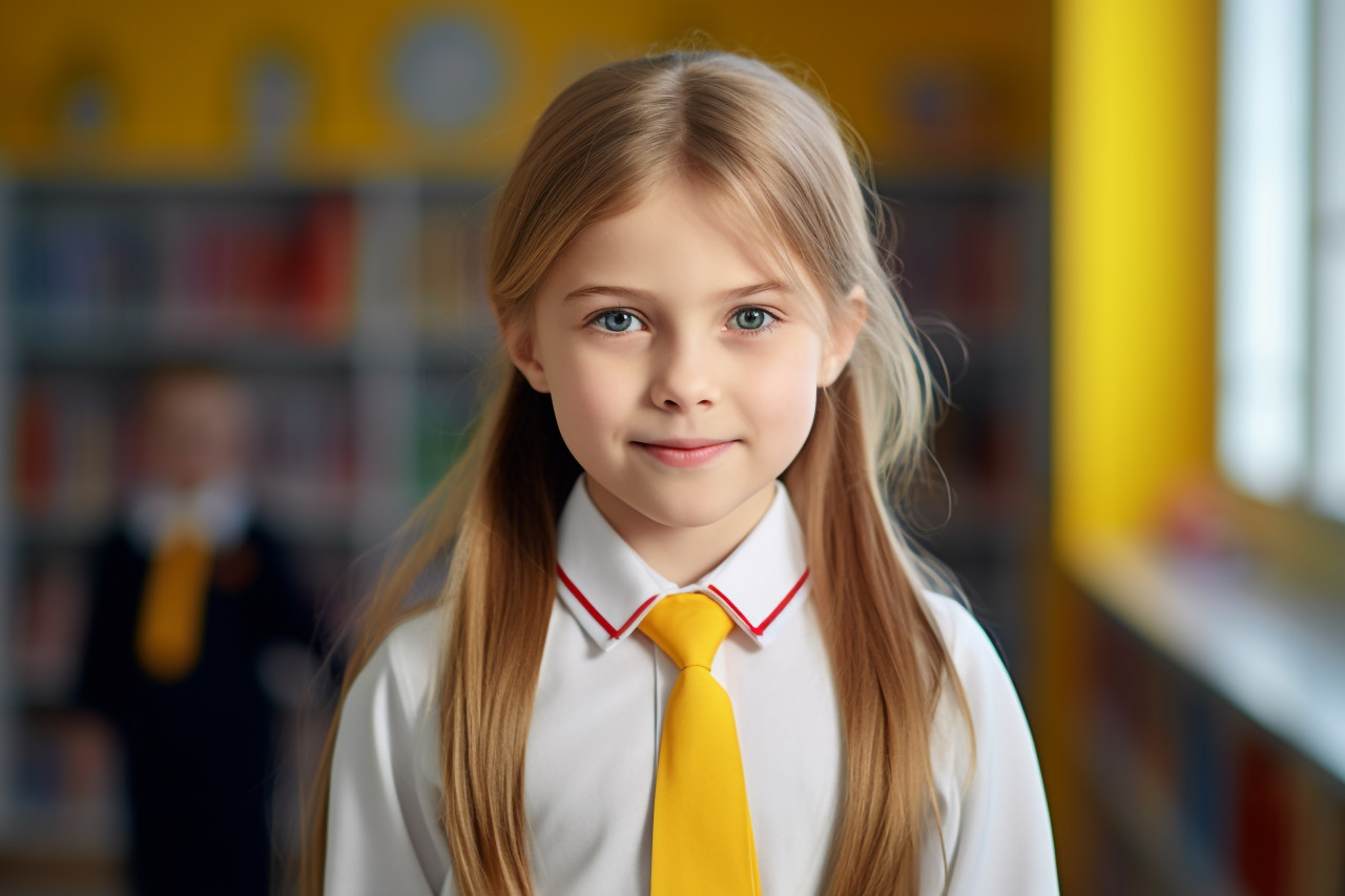 Picture of a smiling school girl standing in her school, indoor activities for kids
