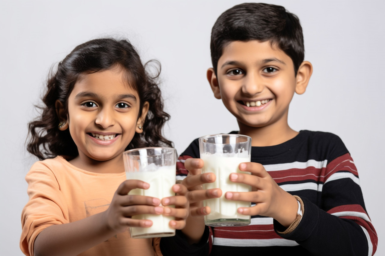 A picture of two young indian children either siblings or friends holding or drinking a glass of milk in front of a white background, indoor activities for kids