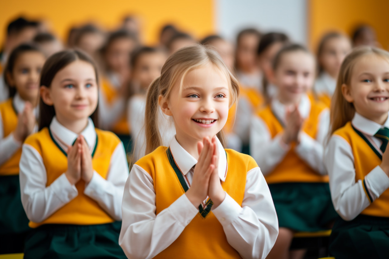 A photo of a young school girl in uniform clapping or applauding in a classroom, kids indoor activities