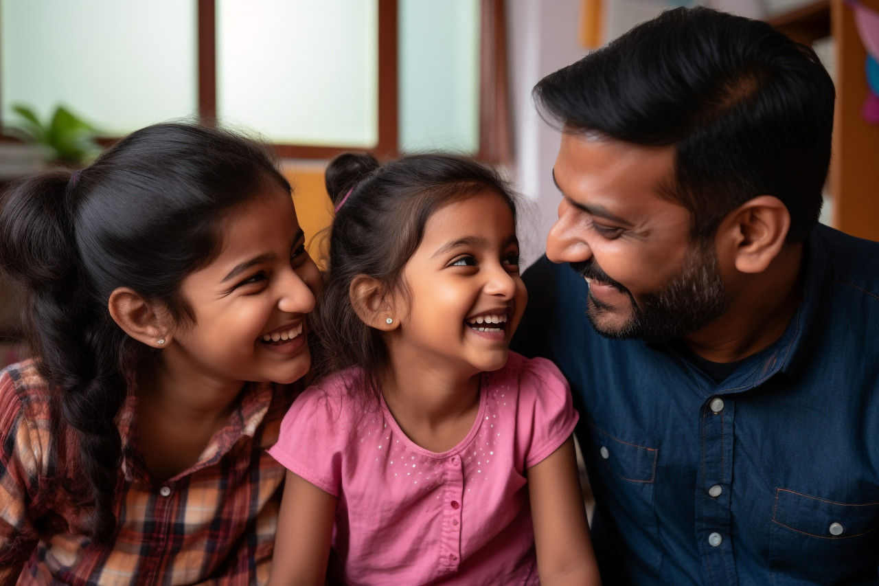 A picture of a happy indian family with a little girl using a laptop computer at home, indoor activities for kids