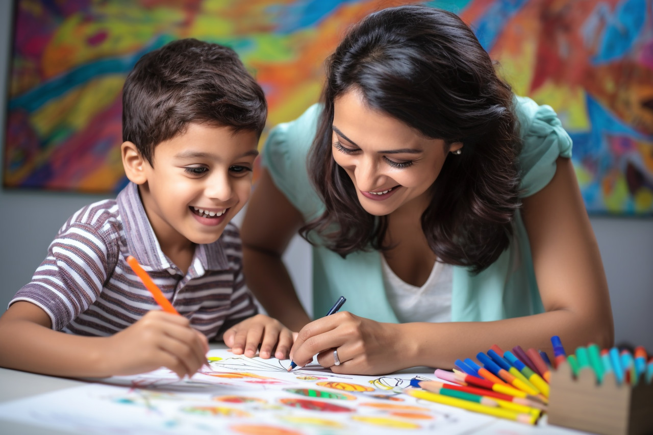 Close up photo of a smiling indian mother and her little son drawing on a whiteboard with colored chalks they are having fun together during their leisure time the mother is either a teacher or a babysitter teaching the preschool boy to paint, kids indoor activities