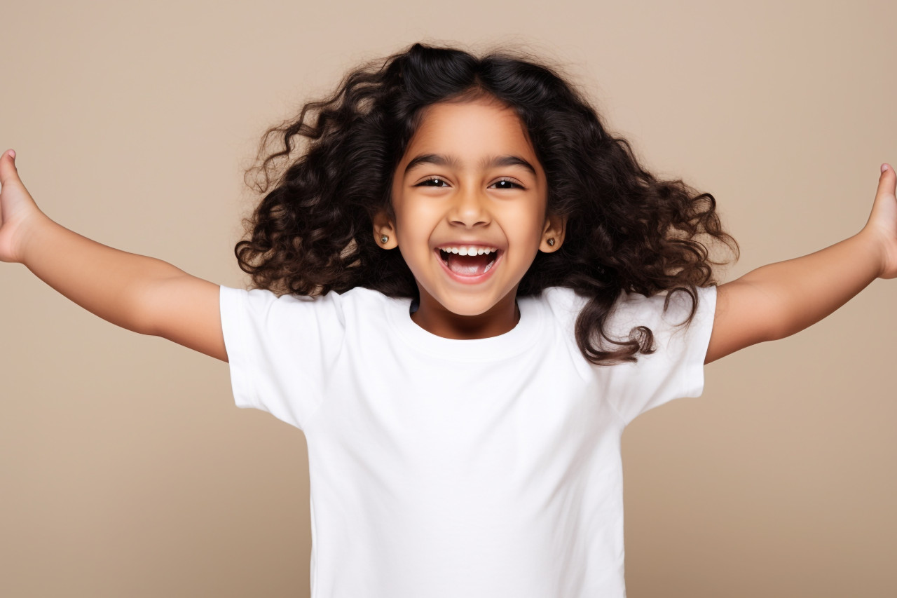 A photo of a happy little indian girl in a white t shirt standing on a beige background with her arms open ready for your advertisement or promotion, kids indoor activities