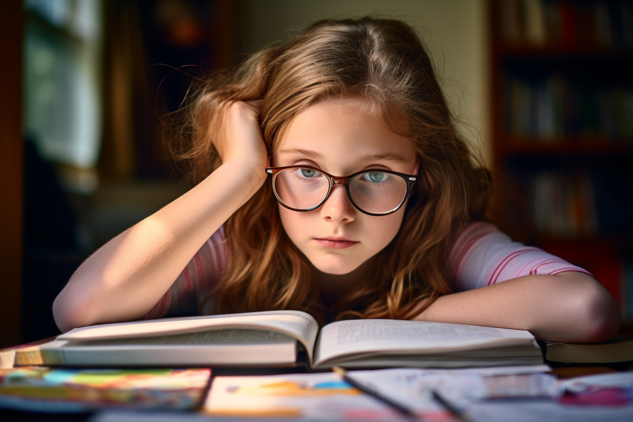 A picture of a girl studying at home in the living room, lifestyle children indoors activitie