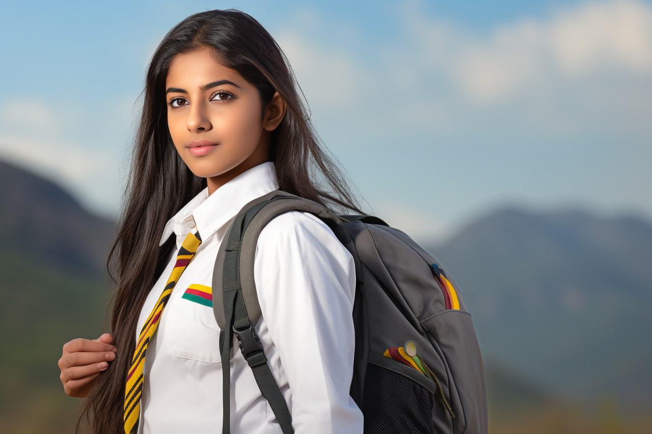 Picture of a rural indian school girl with a backpack, lifestyle children indoors activitie
