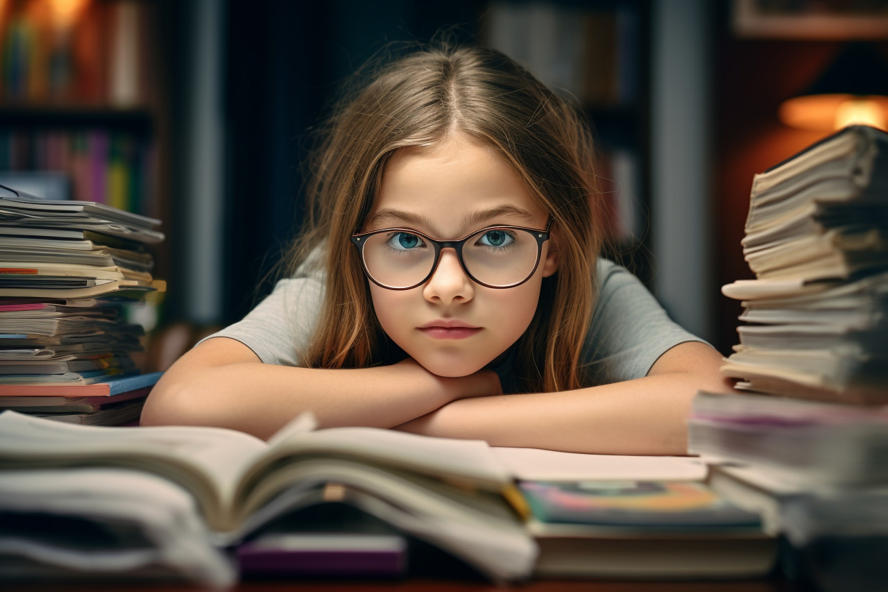 A picture of a girl studying at home in the living room, lifestyle children indoors activitie