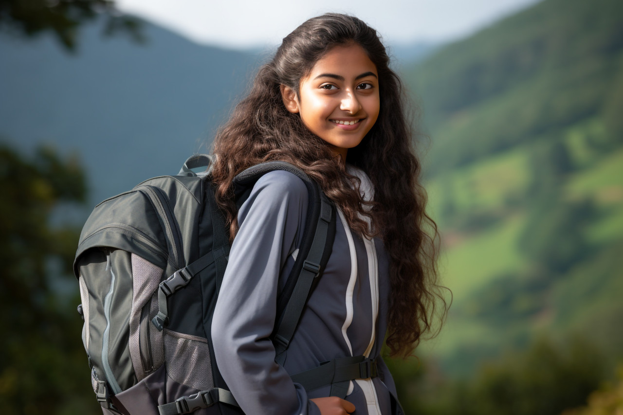 Picture of a rural indian school girl with a backpack, lifestyle children indoors activitie