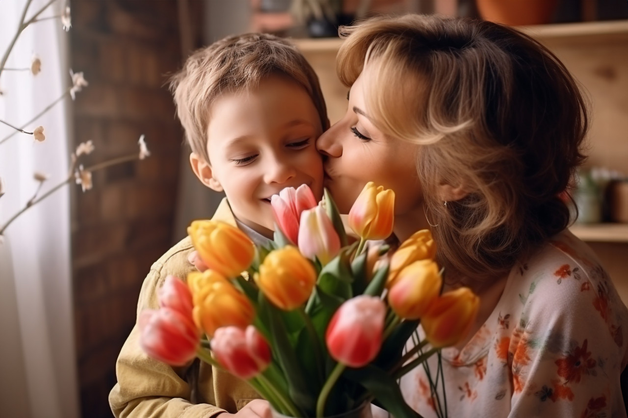 A photo of a loving son kissing his happy mother and giving her tulips on mothers day at home, lifestyle children indoors activitie