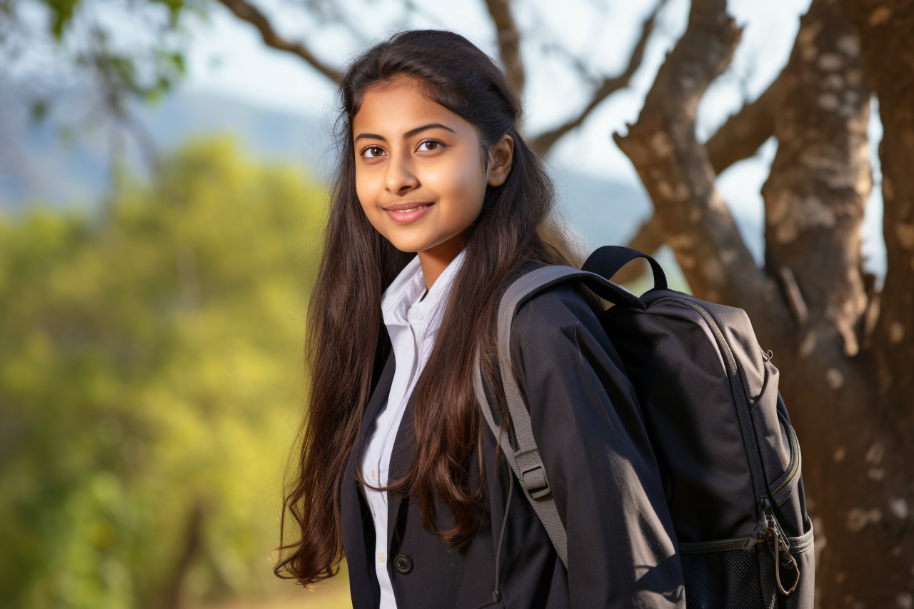 Picture of a rural indian school girl with a backpack, lifestyle children indoors activitie