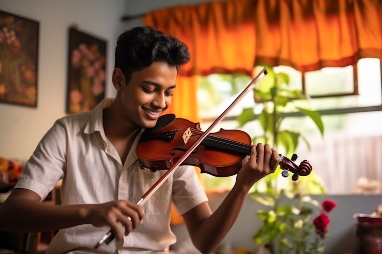 A photo of a happy indian teenage boy playing the violin in his cozy bedroom, lifestyle children indoors activitie
