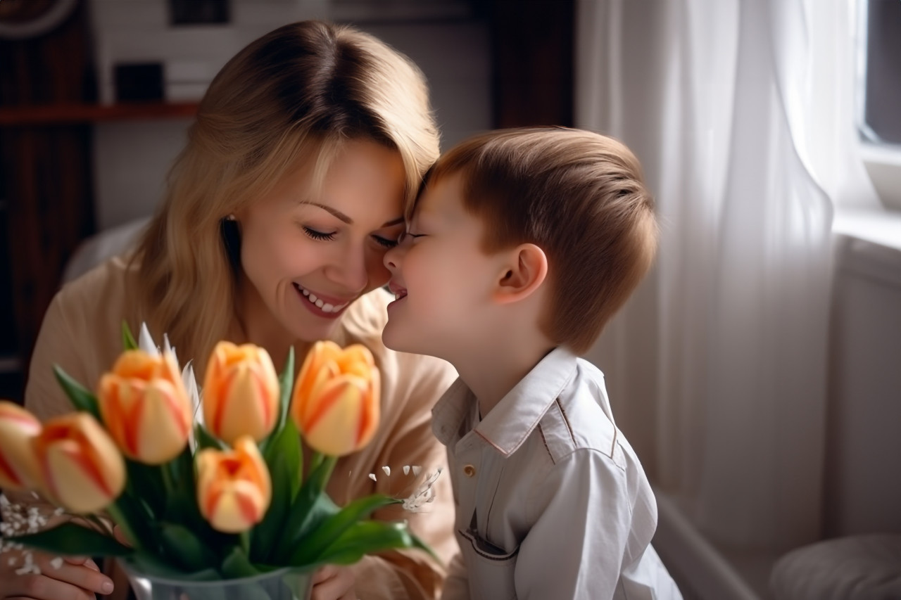 A photo of a loving son kissing his happy mother and giving her tulips on mothers day at home, lifestyle children indoors activitie