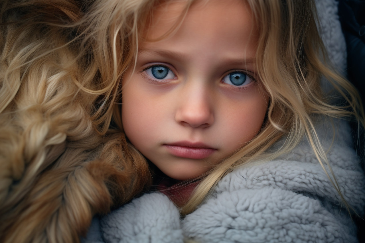 A close up photo of a sad little girl cuddling her mother the girl is adopted and the photo captures the love and protection that her new mother offers, kids indoor activities