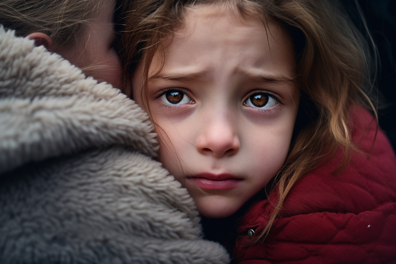 A close up photo of a sad little girl cuddling her mother the girl is adopted and the photo captures the love and protection that her new mother offers, kids indoor activities