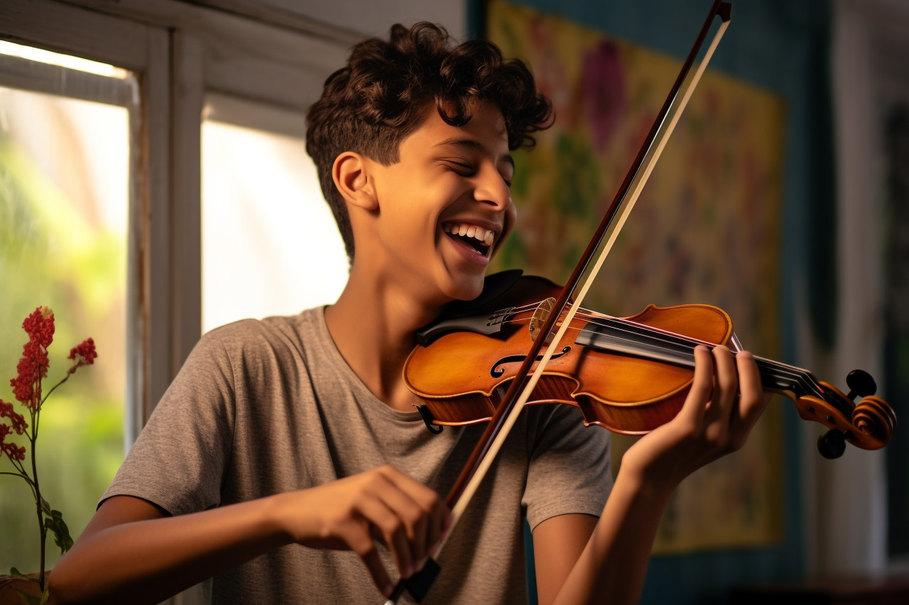 A photo of a happy indian teenage boy playing the violin in his cozy bedroom, lifestyle children indoors activitie