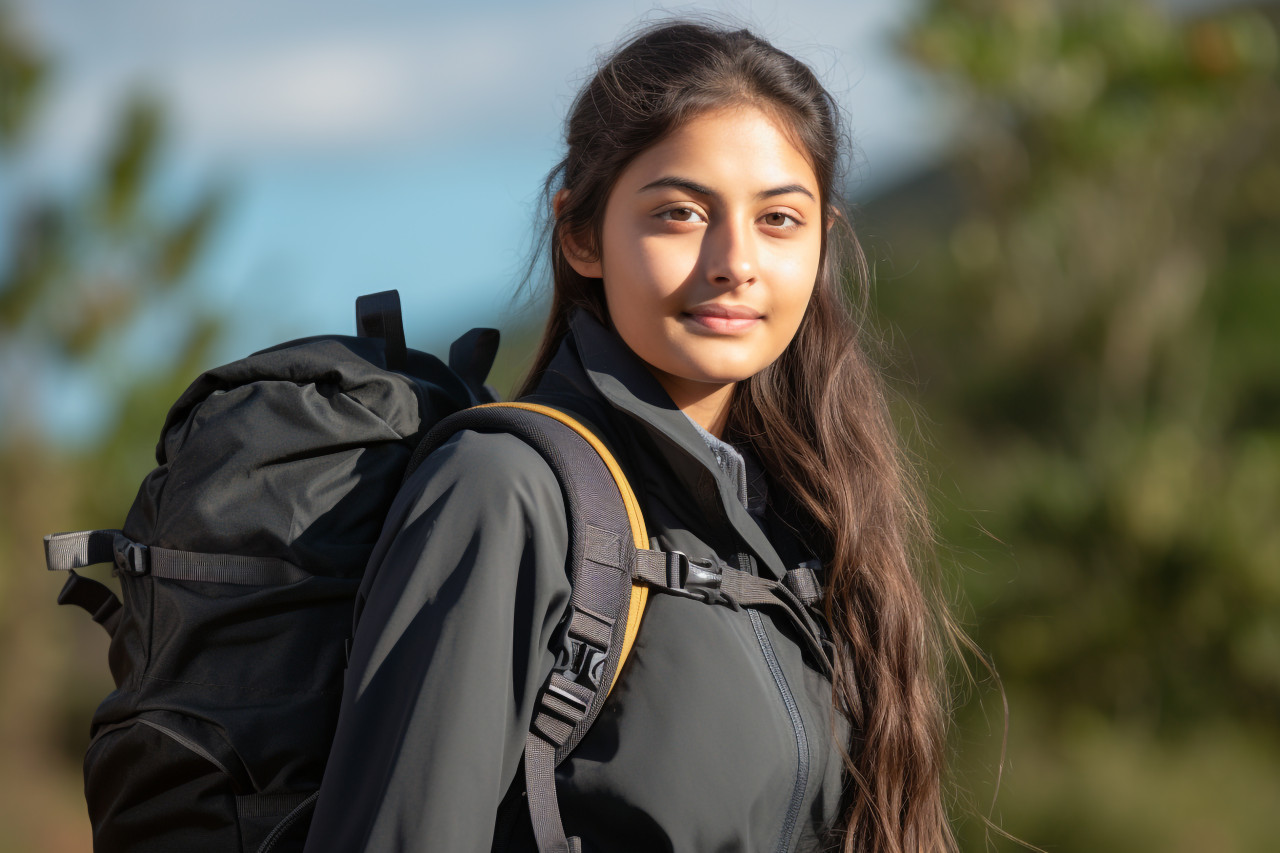 Picture of a rural indian school girl with a backpack, lifestyle children indoors activitie