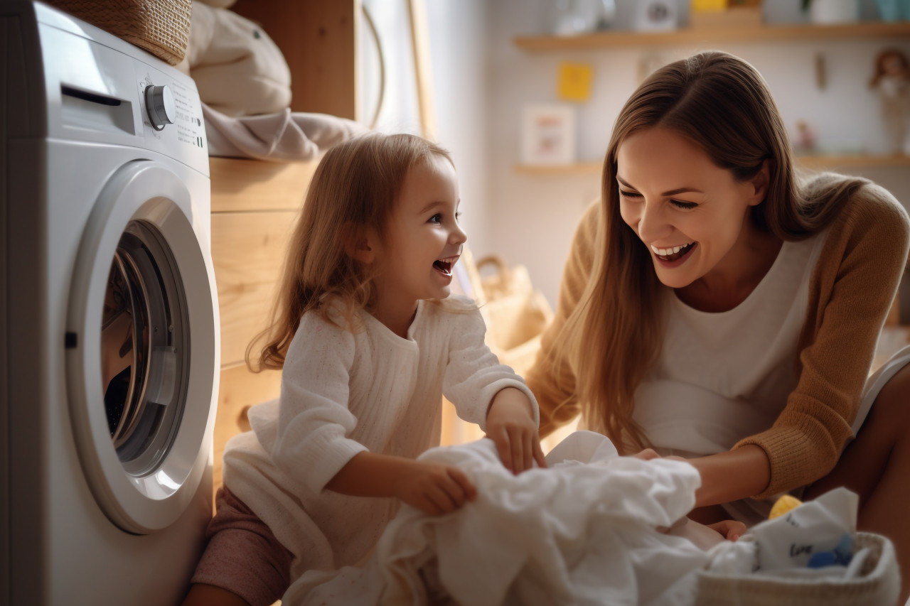 A photo of a happy mom and her young daughter smiling and having fun while doing laundry at home, indoor activities for kids