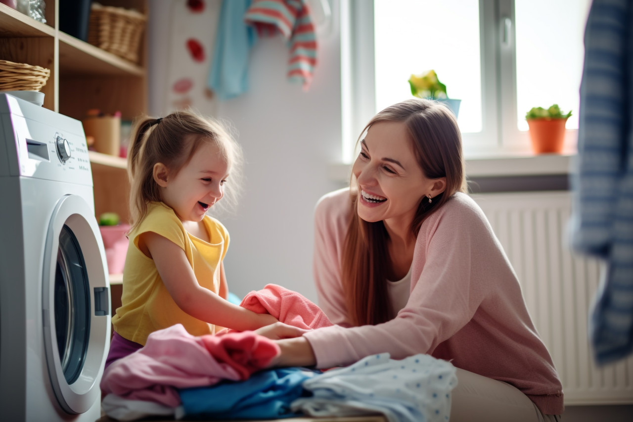 A photo of a happy mom and her young daughter smiling and having fun while doing laundry at home, indoor activities for kids