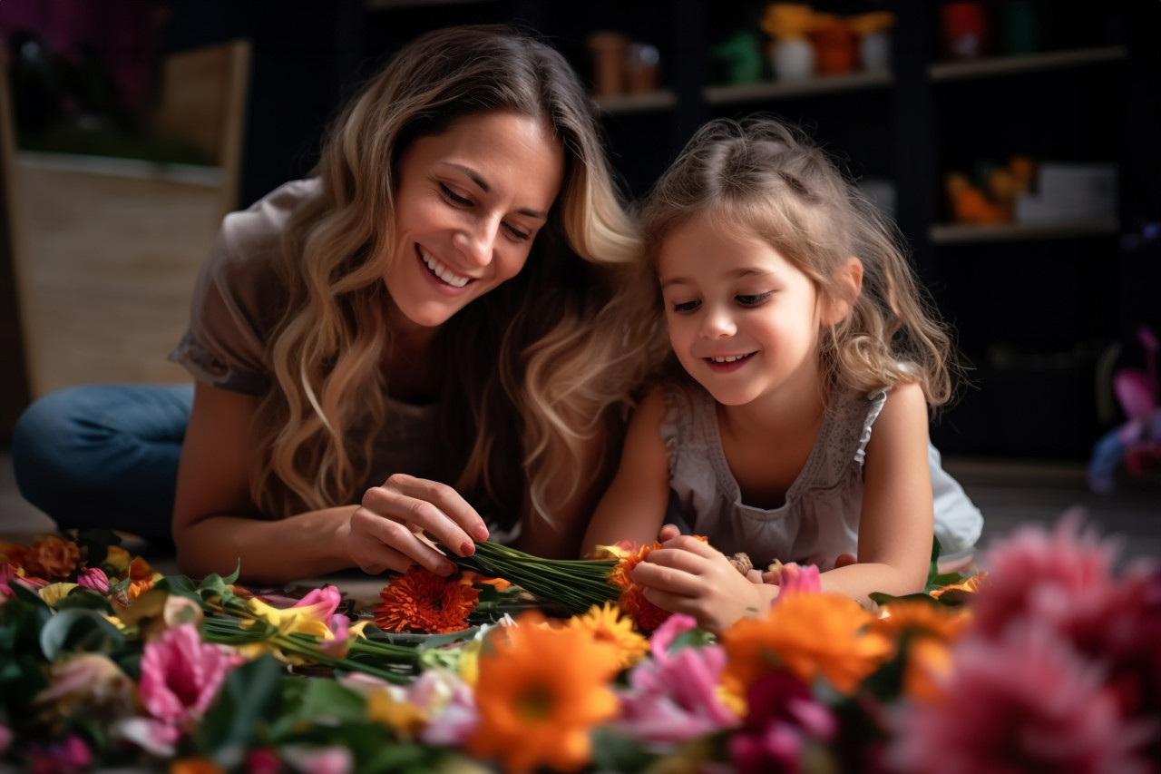 Picture of a young mom and her daughter caring for flowers while sitting on the floor at home, indoor activities for kids