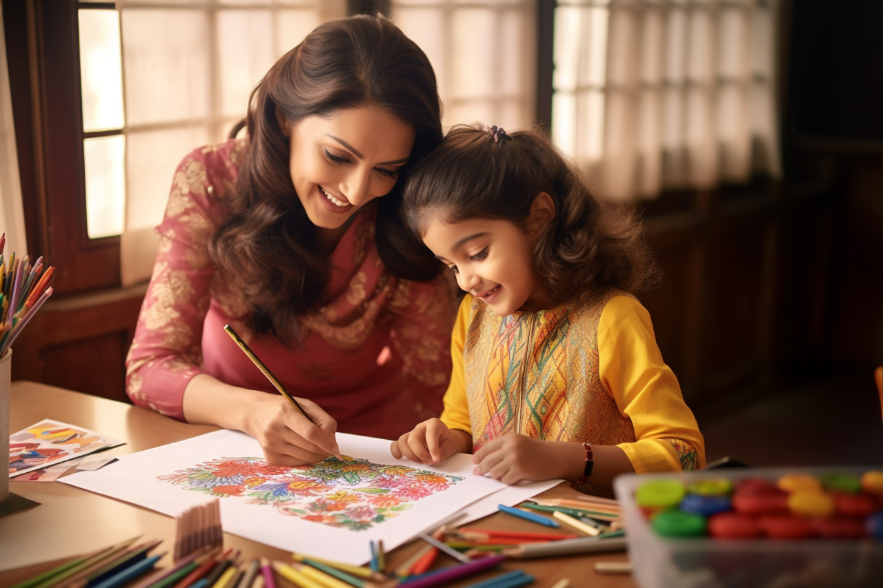 A picture of a beautiful young indian mom and her little girl drawing with colored pencils on paper, indoor activities for kids