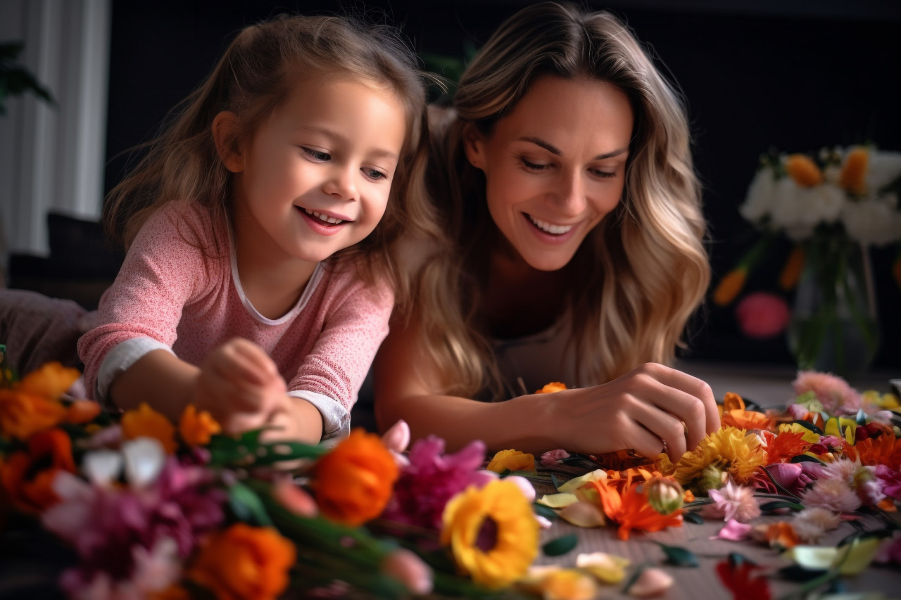Picture of a young mom and her daughter caring for flowers while sitting on the floor at home, indoor activities for kids
