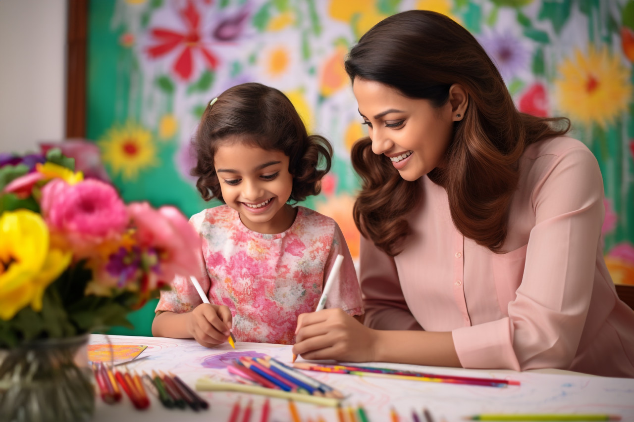 A picture of a beautiful young indian mom and her little girl drawing with colored pencils on paper, indoor activities for kids